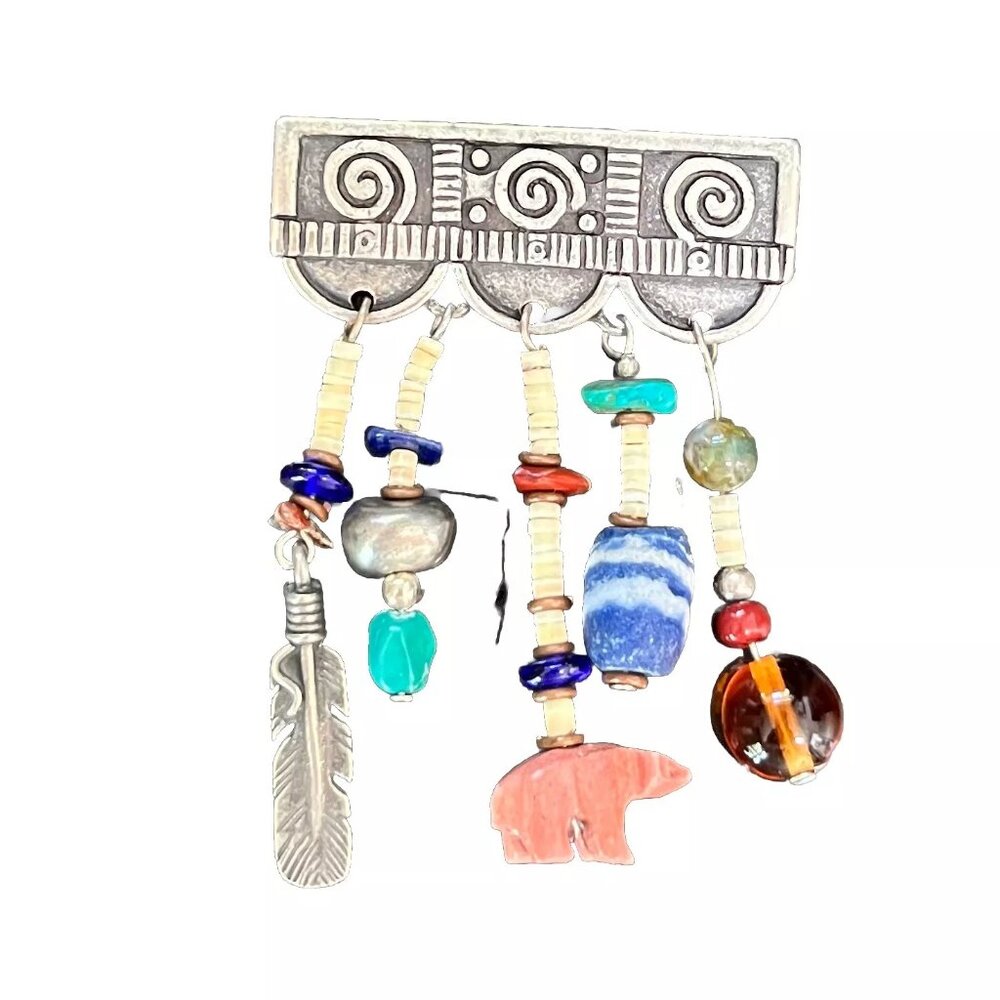 Native American Stainless Steel Silver Beaded Carved Stones Charms Pin Brooch